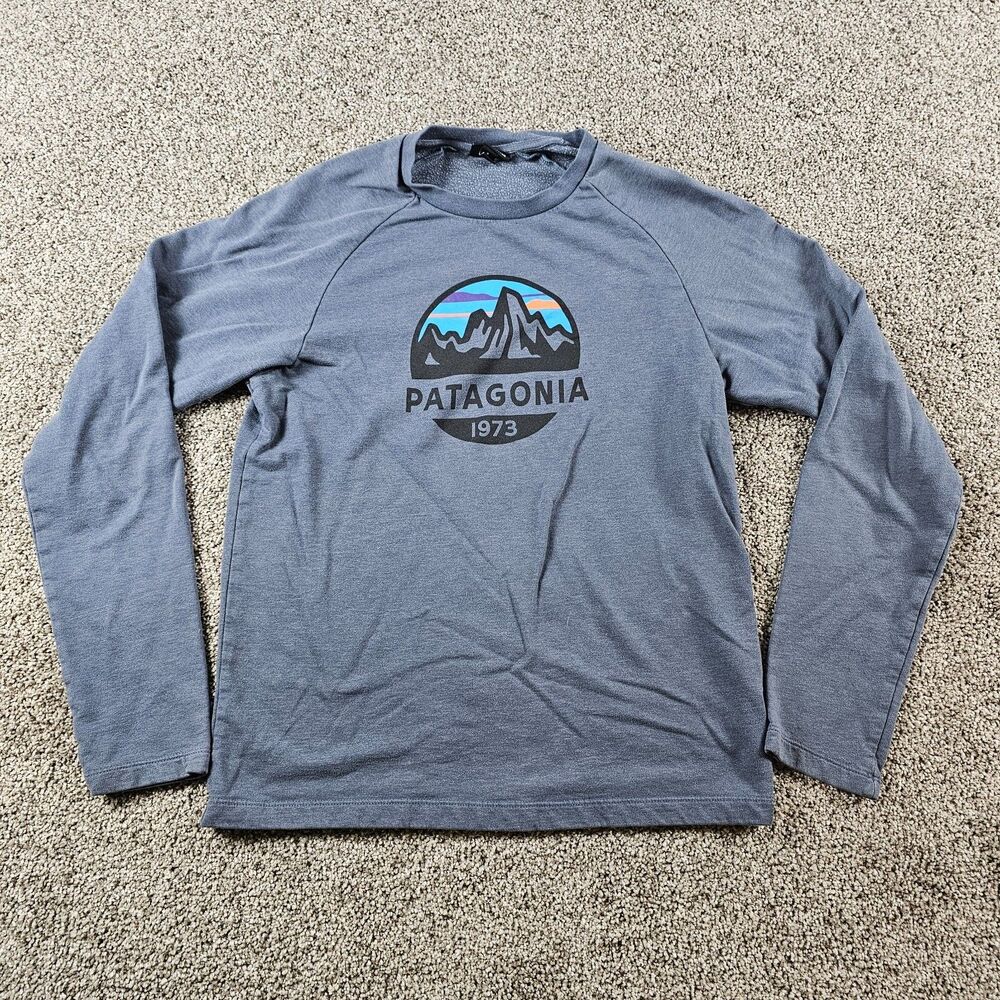 Patagonia Sweatshirt Mens Small Blue Gray Crewneck Pullover Hike Mountain Raglan